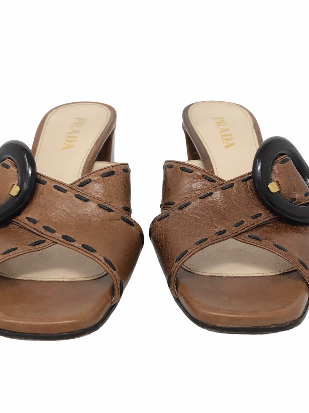 Prada Brown Leather Buckle Mule Heels Sandals Size 36 Italy - Picture 2 of 9